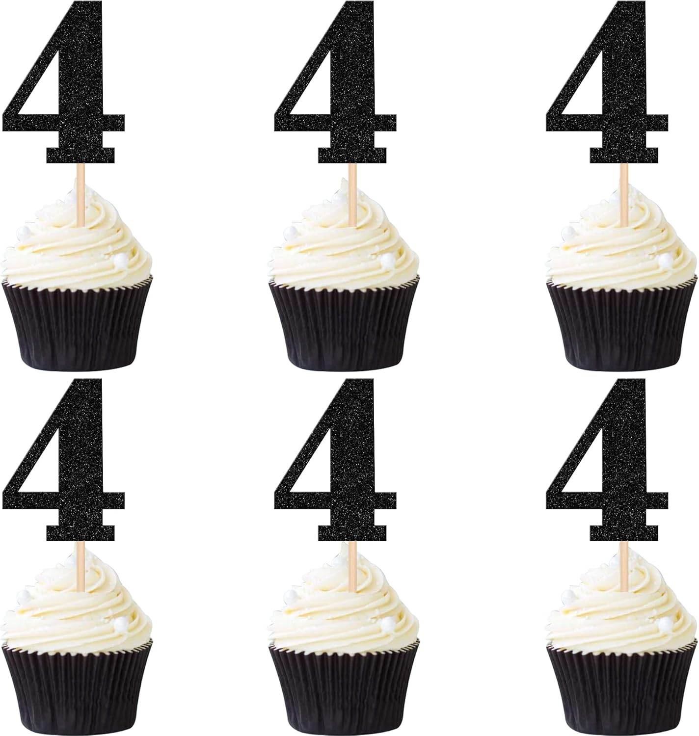 30 PCS 4th Birthday Cupcake Toppers Glitter Number 4 Cupcake Picks Age Four Cheers to 4 Years Old Cake Decorations for Baby Shower Kids Happy 4th Birthday Anniversary Party Supplies Black