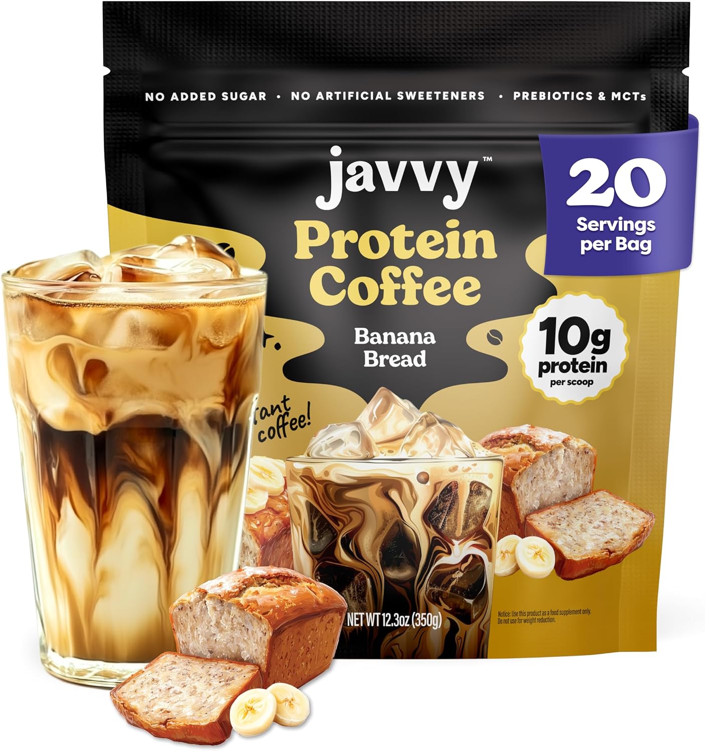 Javvy Banana Bread Protein Iced Coffee - Premium Whey Protein & Instant Iced Coffees - 100% Natural Cold Brew - Zero Artificial Flavors & Sweeteners, 80 mg Caffeine, No Added Sugar, 20 Servings
