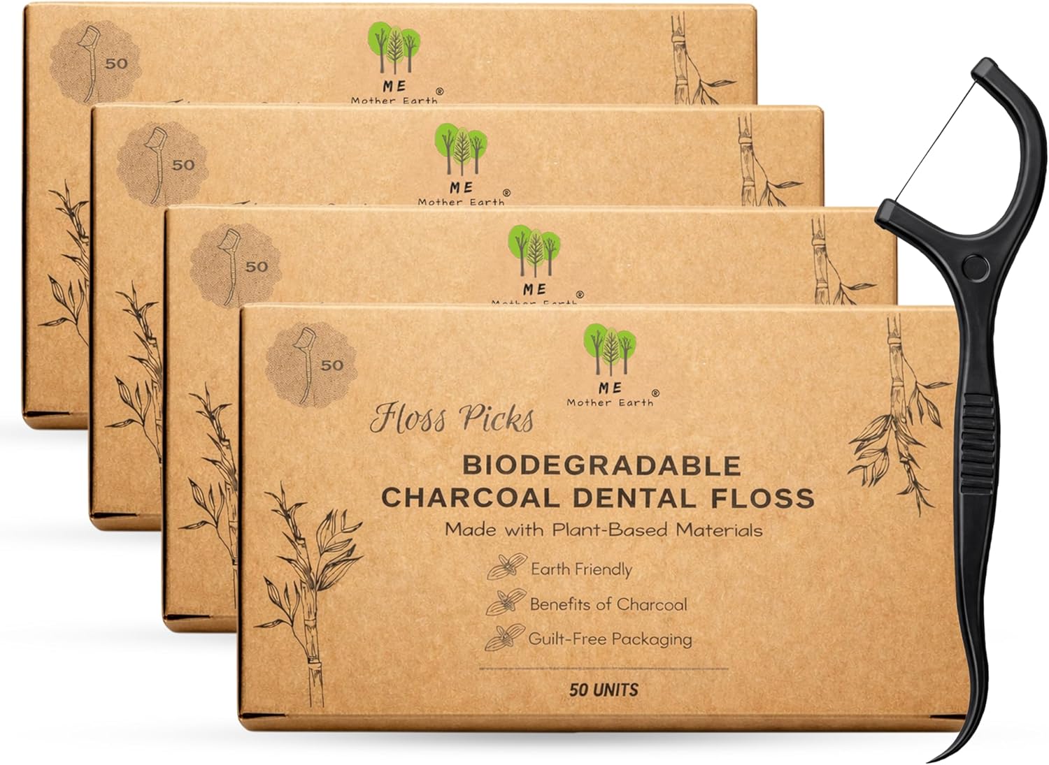 Me Mother Earth Vegan Biodegradable Dental Floss Picks (200 Count) - Natural | Sustainable | Eco-Friendly | Charcoal Dental Flossers for a Zero Waste Oral Care (3 Inch)