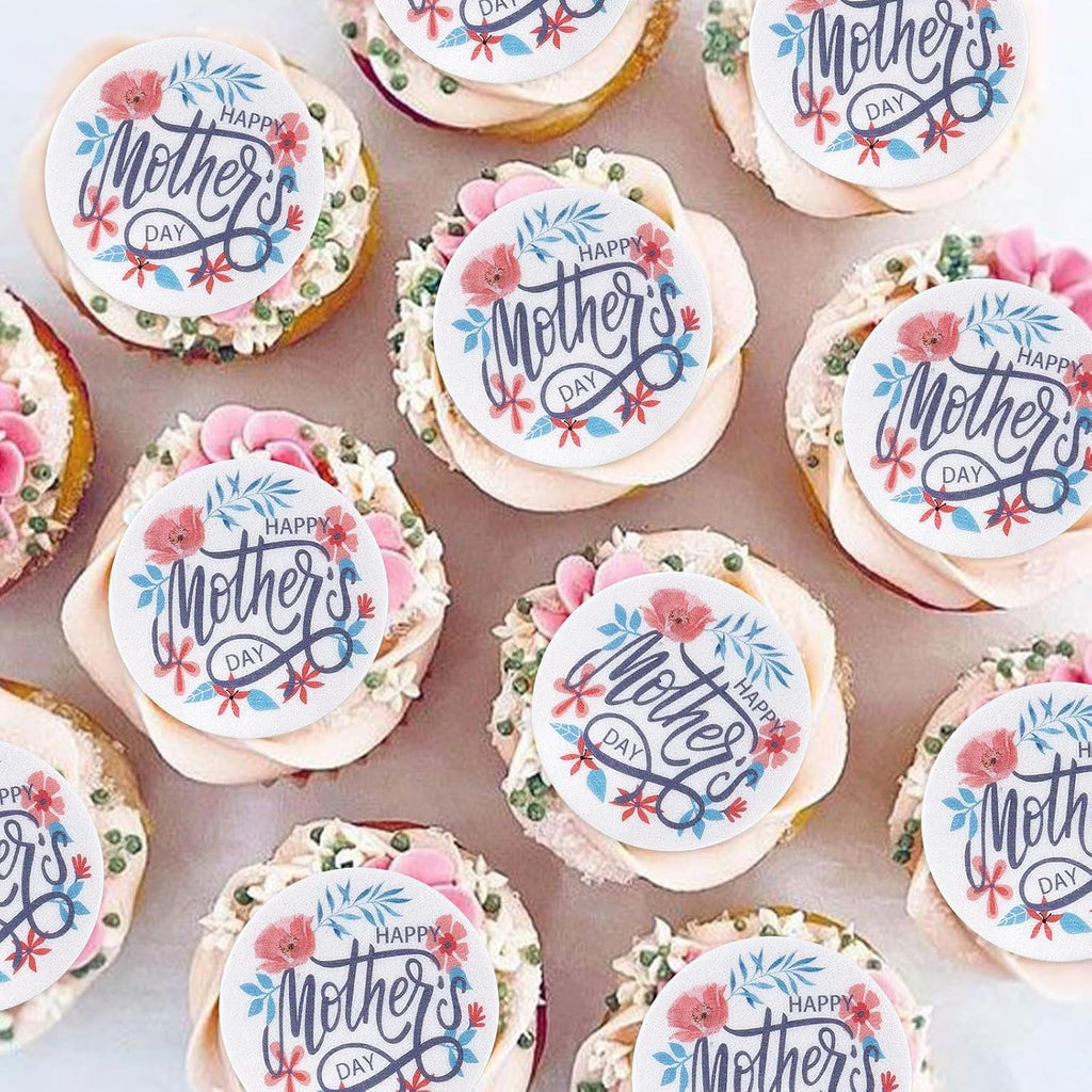 40PCS Edible Floral Happy Mother's Day Cupcake Toppers Edible Mom's Day Cupcake Picks Drink Topper for Happy Mother's Day Mother Grandmother Floral Birthday Cake Cupcake Decorations