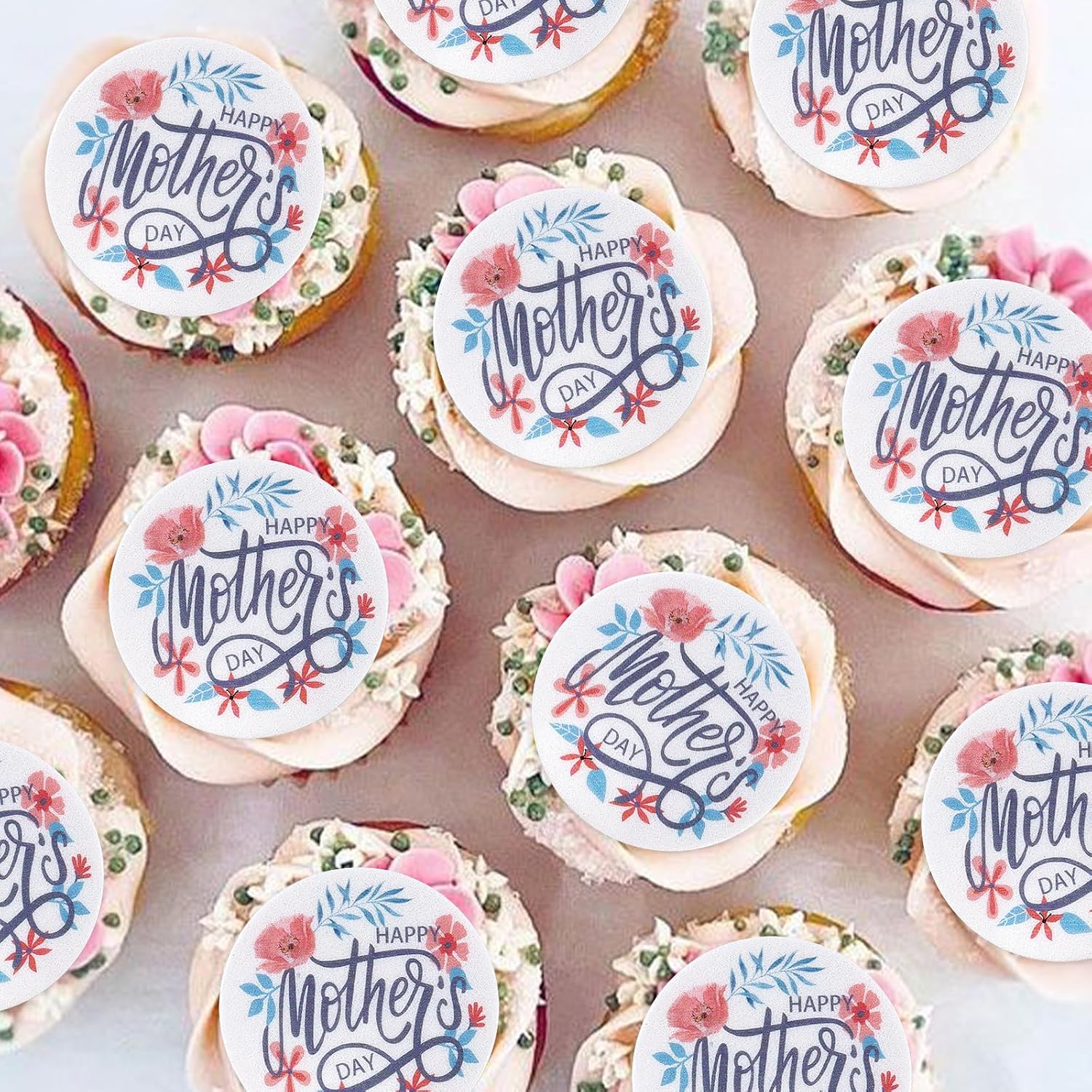 40PCS Edible Floral Happy Mother's Day Cupcake Toppers Edible Mom's Day Cupcake Picks Drink Topper for Happy Mother's Day Mother Grandmother Floral Birthday Cake Cupcake Decorations