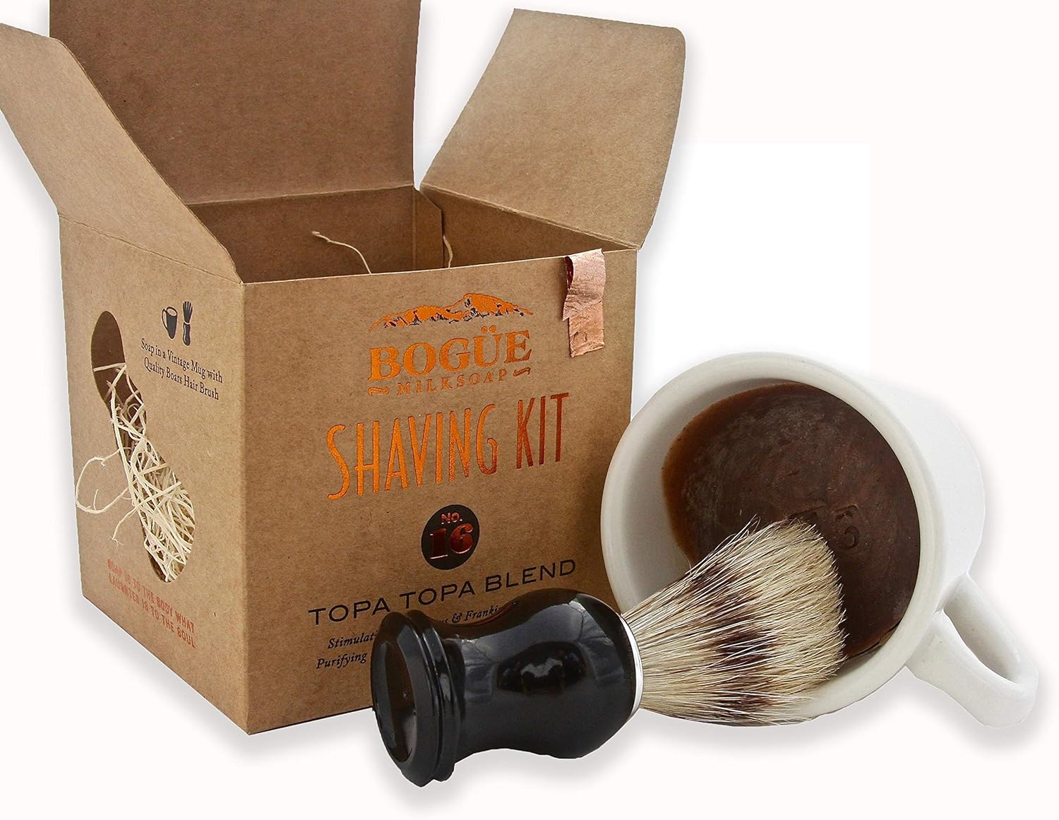Goat Milk Shaving Soap Kit- Topa Topa Blend No.16 of 13 Essential oils to heal and smooth the skin, rhassoul clay for glide. Soap in a mug & natural bristle brush in the box
