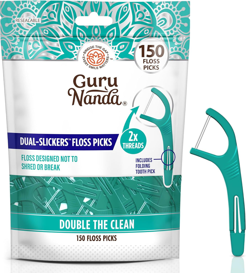GuruNanda Dual Slickers Floss Picks - Double Threaded Dyneema Dental Floss with Foldable Toothpick for Effective Plaque Removal - Unflavored- 150 Ct