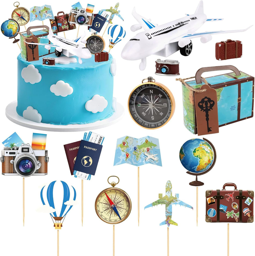Hooqict 34 Pcs Travel Birthday Cake Topper with Mini Suitcase, Globe, Map, Airplane Cake Decorations for Travel Themed Party Decorations Let The Adventure Begin Around the World Party Supplies