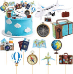 Hooqict 34 Pcs Travel Birthday Cake Topper with Mini Suitcase, Globe, Map, Airplane Cake Decorations for Travel Themed Party Decorations Let The Adventure Begin Around the World Party Supplies