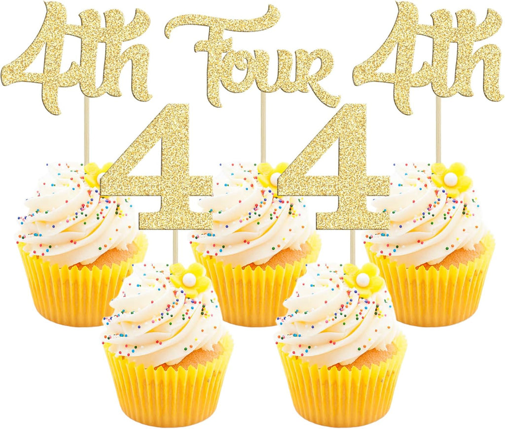 24Pcs 4th Birthday Cupcake Toppers Glitter Fourth Birthday Two Cupcake Picks for Baby Shower 4th Birthday Anniversary Party Cake Decorations Supplies Gold