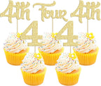 24Pcs 4th Birthday Cupcake Toppers Glitter Fourth Birthday Two Cupcake Picks for Baby Shower 4th Birthday Anniversary Party Cake Decorations Supplies Gold