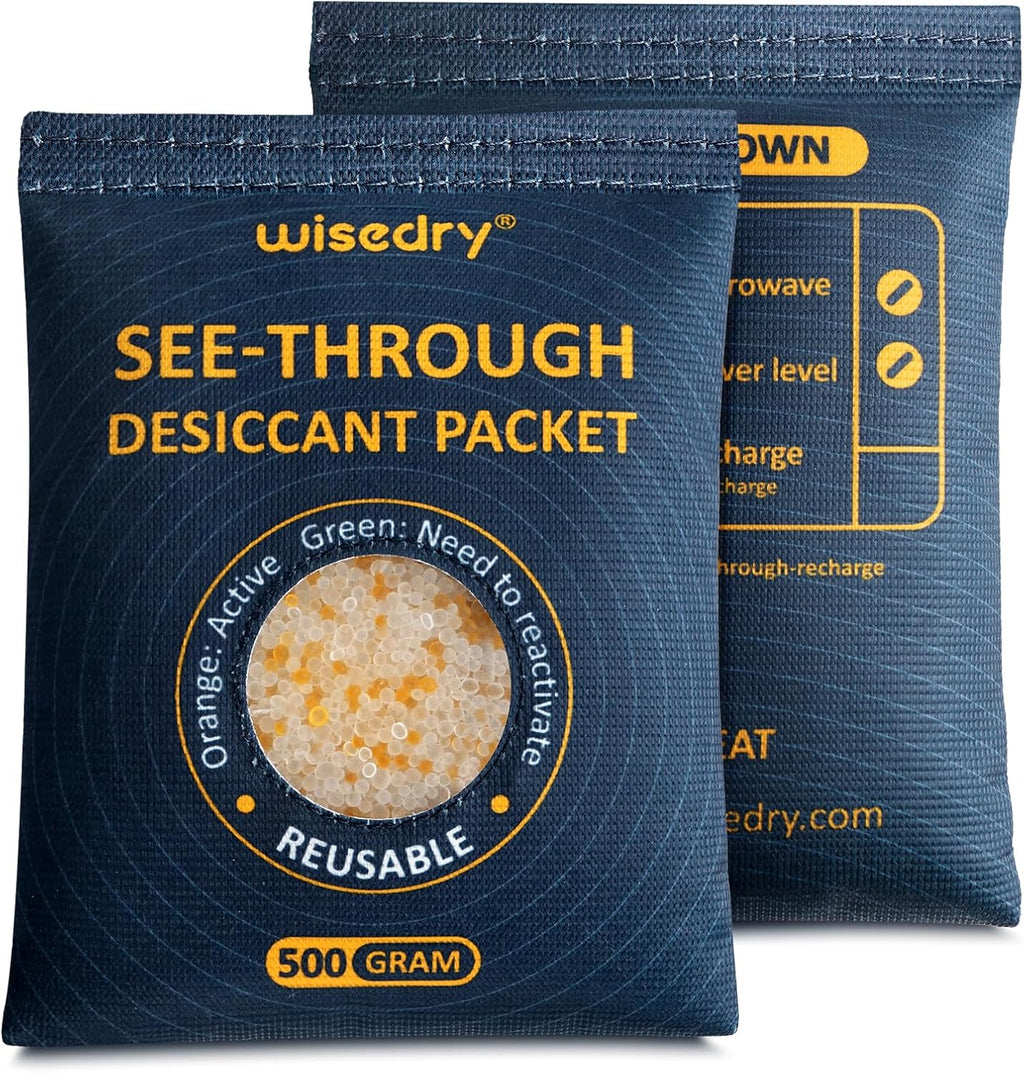wisedry 2 x 500 Gram See-Through Silica Gel Desiccant Packets, Large Capacity Moisture Absorbers Bags, Color-Indicating Desiccant Packs for Storage, Reusable Gun Safe Dehumidifier
