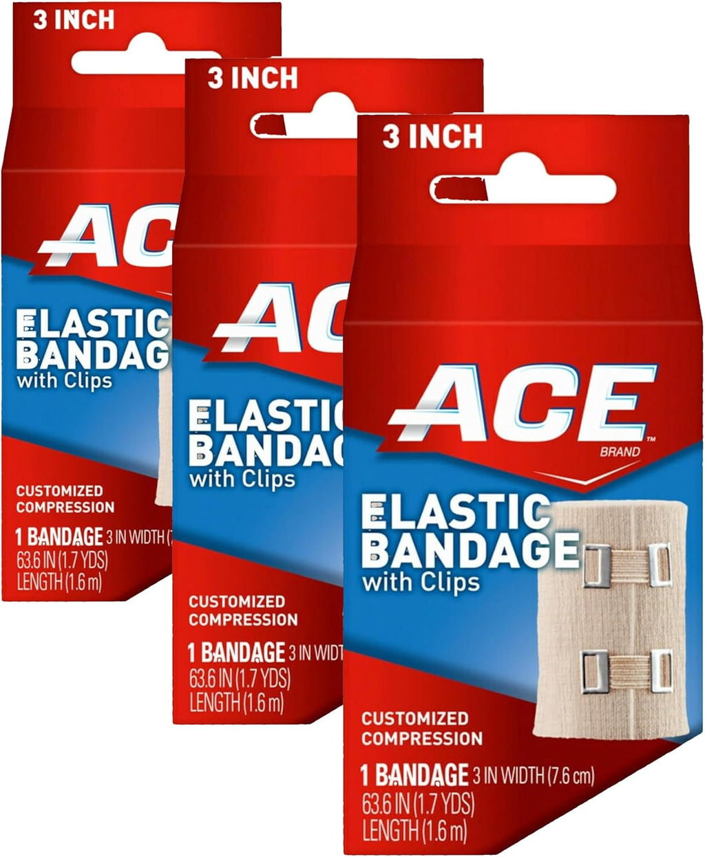 ACE 3 Inch Elastic Bandage with Clips, Beige, Great for Elbow, Ankle, Knee and More, Ideal for Sports, Comfortable Design with Soft Feel, Wash and Reuse (Pack of 3)