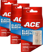 ACE 3 Inch Elastic Bandage with Clips, Beige, Great for Elbow, Ankle, Knee and More, Ideal for Sports, Comfortable Design with Soft Feel, Wash and Reuse (Pack of 3)