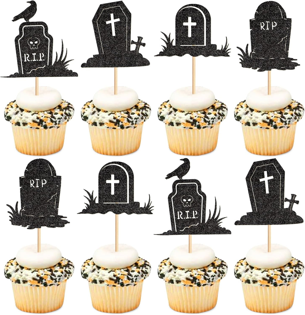 Ercadio 24PCS Halloween Tombstone Cupcake Toppers Glitter Black RIP Cemetery Graves Crow Cross Cupcake Picks for Halloween Theme Birthday Party Cake Decorations Supplies