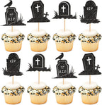 Ercadio 24PCS Halloween Tombstone Cupcake Toppers Glitter Black RIP Cemetery Graves Crow Cross Cupcake Picks for Halloween Theme Birthday Party Cake Decorations Supplies