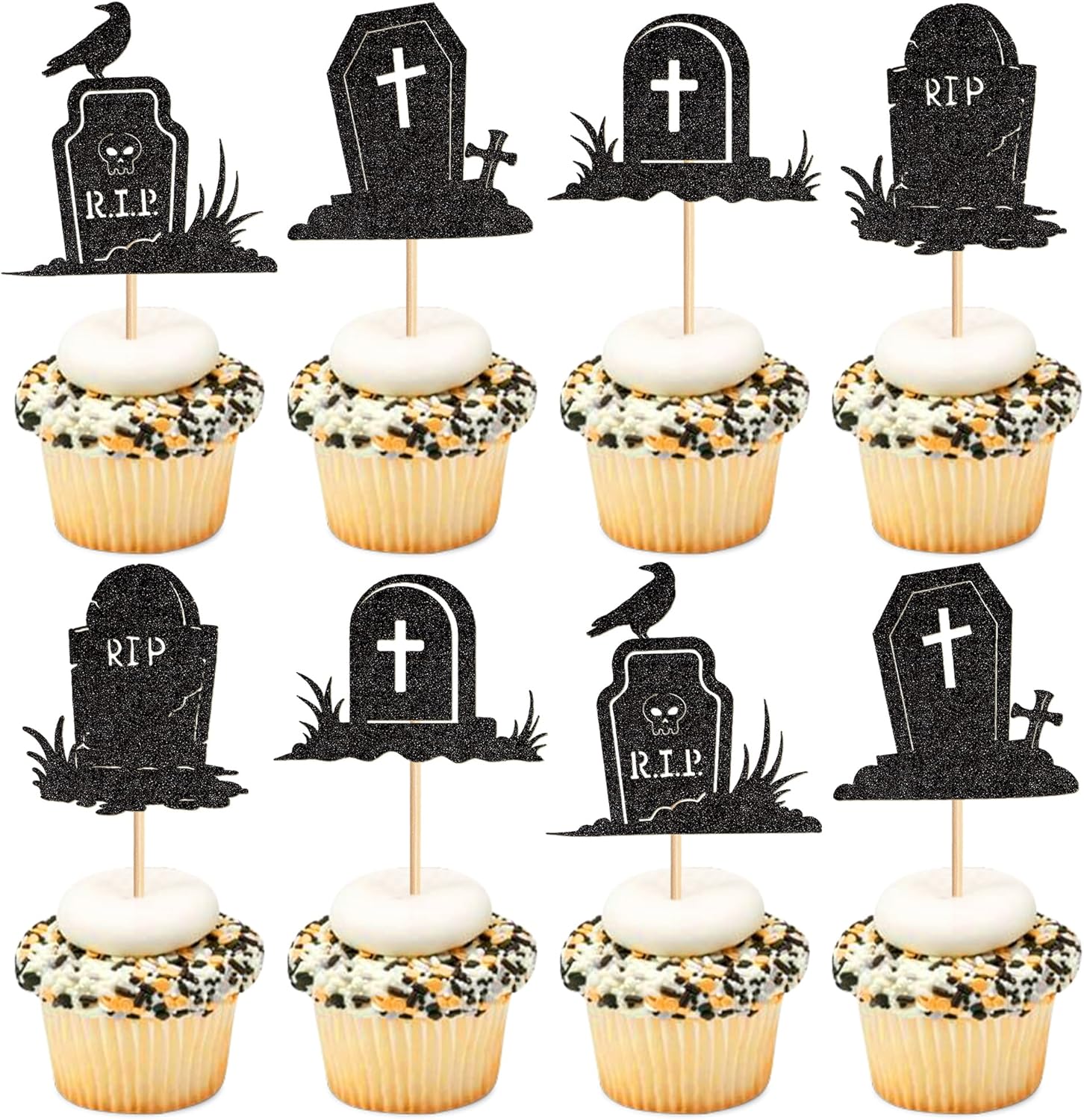 Ercadio 24PCS Halloween Tombstone Cupcake Toppers Glitter Black RIP Cemetery Graves Crow Cross Cupcake Picks for Halloween Theme Birthday Party Cake Decorations Supplies