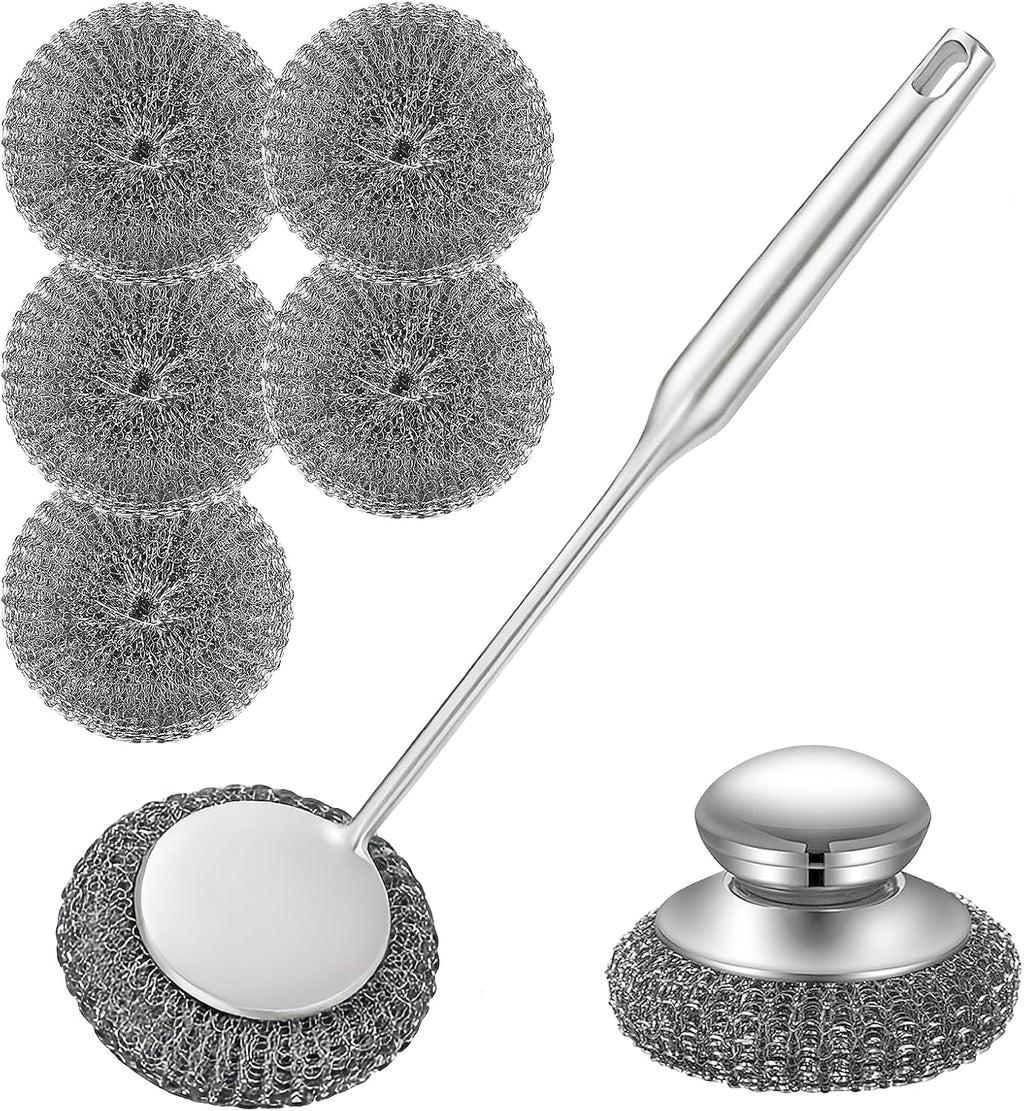 Heavy Duty Stainless Steel Scrubber Set - Long & Short Handle with 5 Steel Wool Pads, Cast Iron & Pot Scrubber for Dishes, Pans, Grills, Stoves