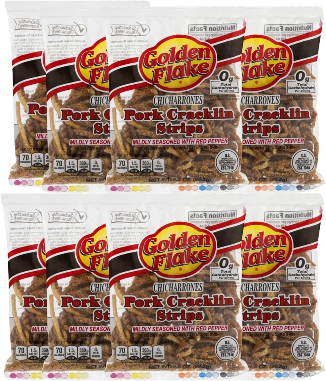 Golden Flake Pork Cracklins W/Red Pepper Seasoning 3.25 oz (Pack 8)
