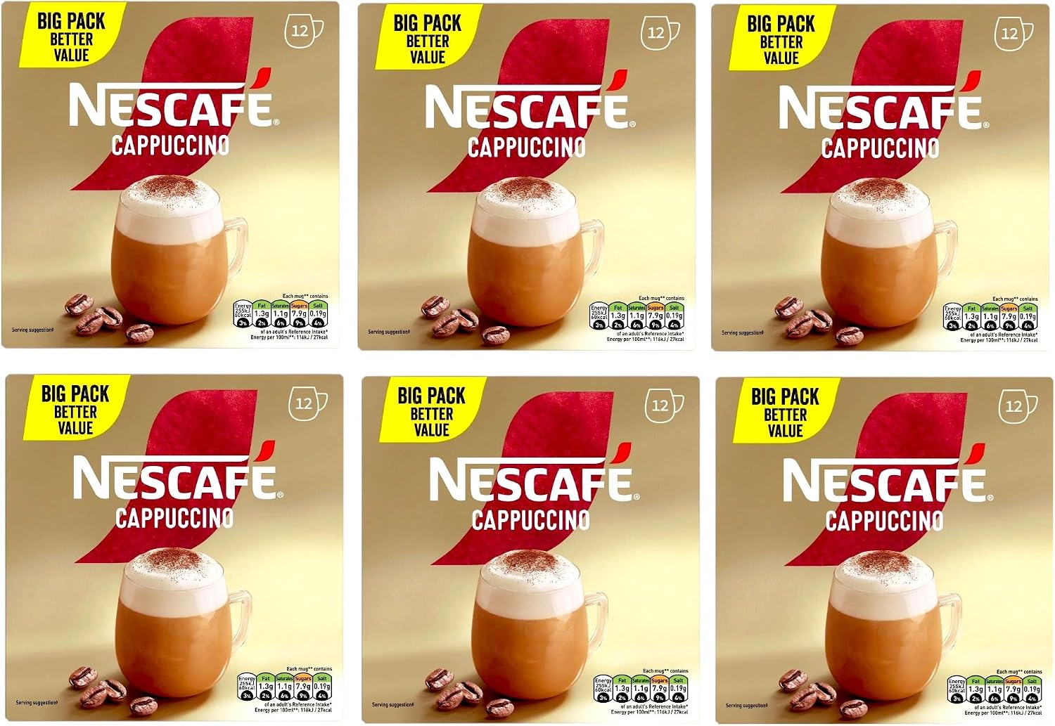NESCAFÉ Cappuccino x12 Instant Coffee Sachets (Pack of 6, Total 72 Sachets)