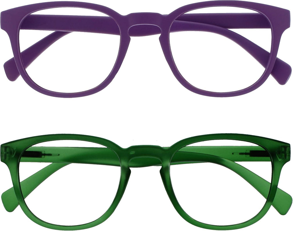 OPULIZE POP Reading Glasses for Women Men,Scratch Resistant Round Matt Frame with Spring Hinges, Purple, Green +2.50 (Pack of 2)
