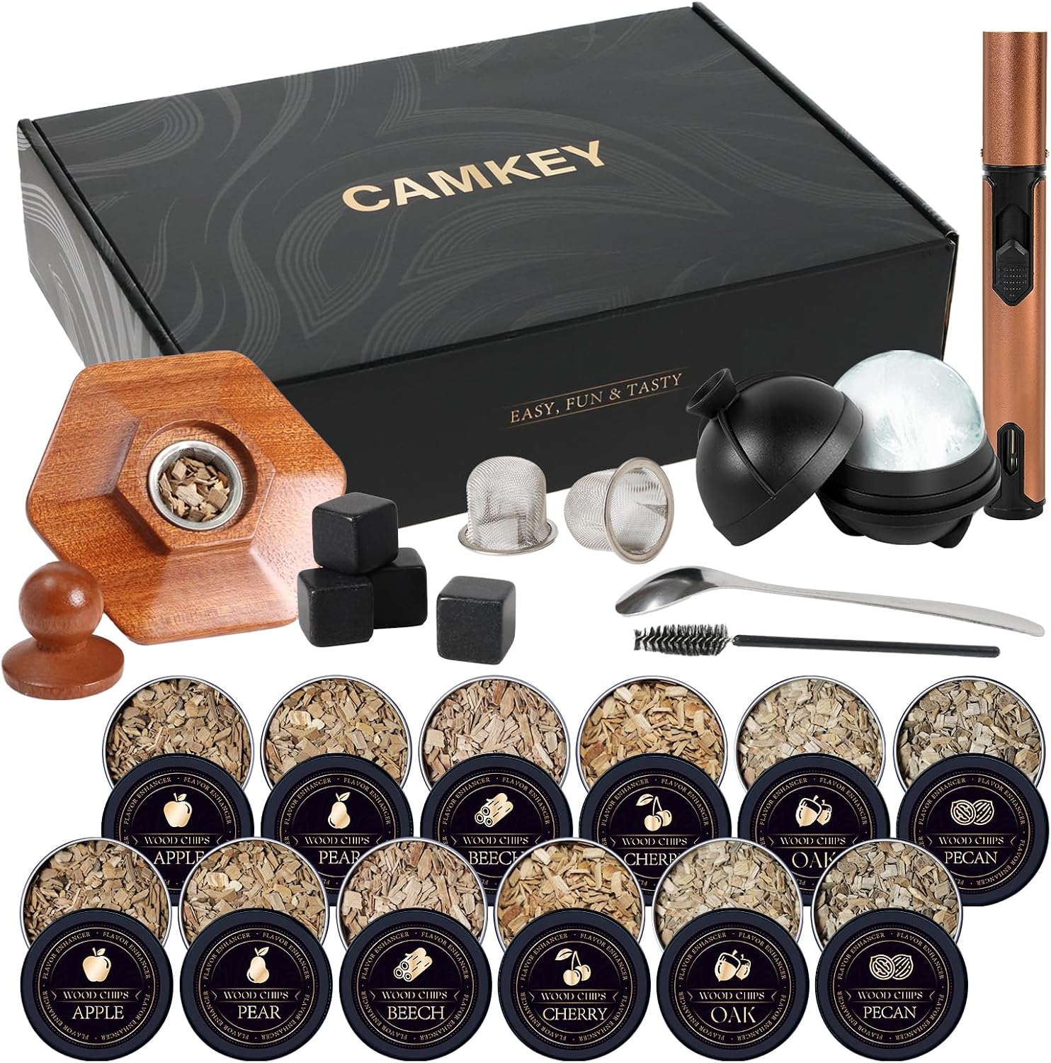 23Pcs Whiskey Cocktail Smoker Kit with Torch, 6 Flavors 12 Packs Wood Chips, Ice Ball Mold, Old Fashioned Drink Smoker, Bourbon Whiskey Gifts for Men, Husband, Dad, Him (No Butane)