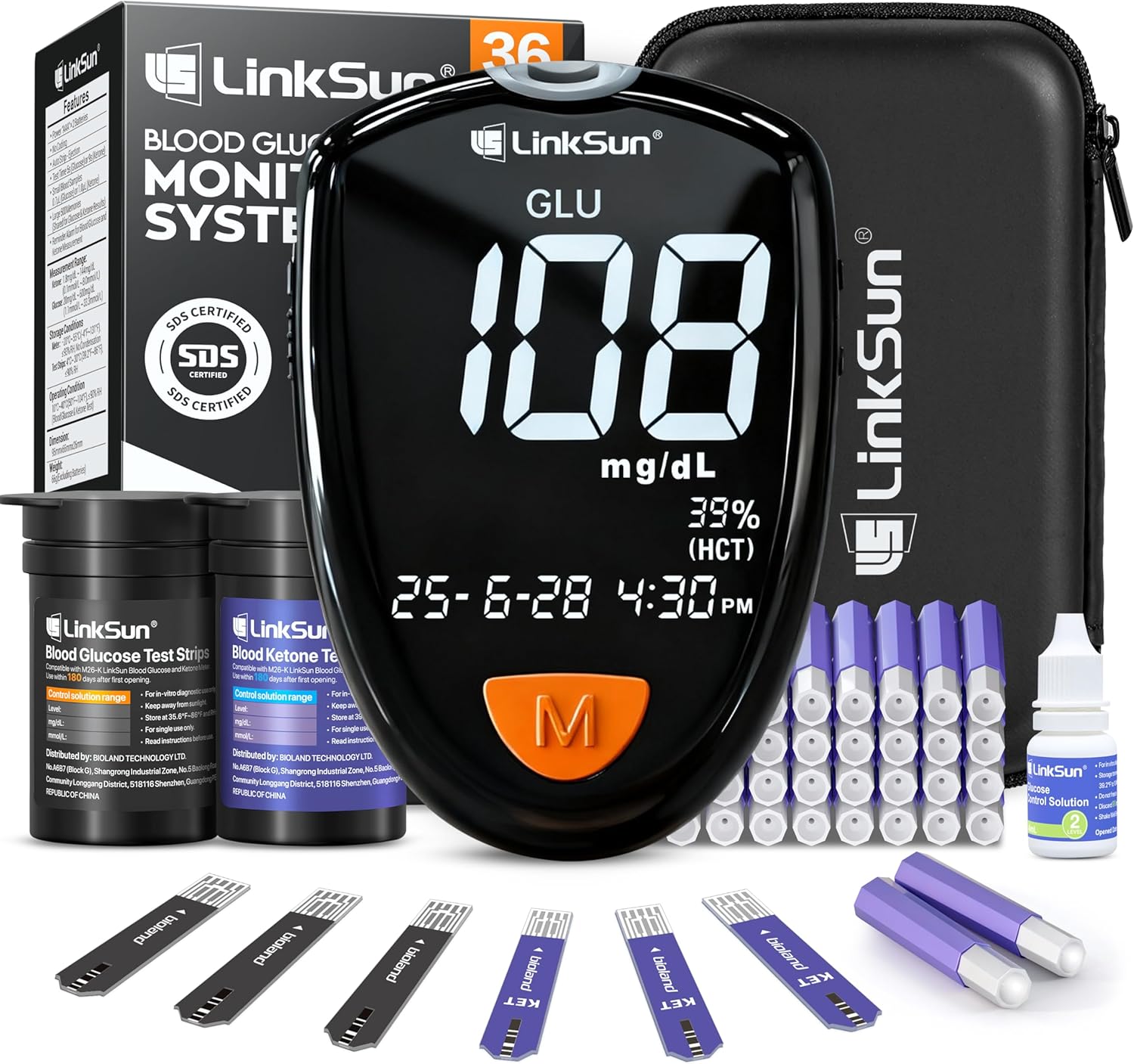 M26-K Blood Glucose & Ketone Testing Kit, 35 Safety Lancets, 25 Glucose Strips, 10 Ketone Strips, Travel Case, Glucose Control Solution, 2-IN-1 Glucose Ketone Meter, Home Use, No Coding, Large Display