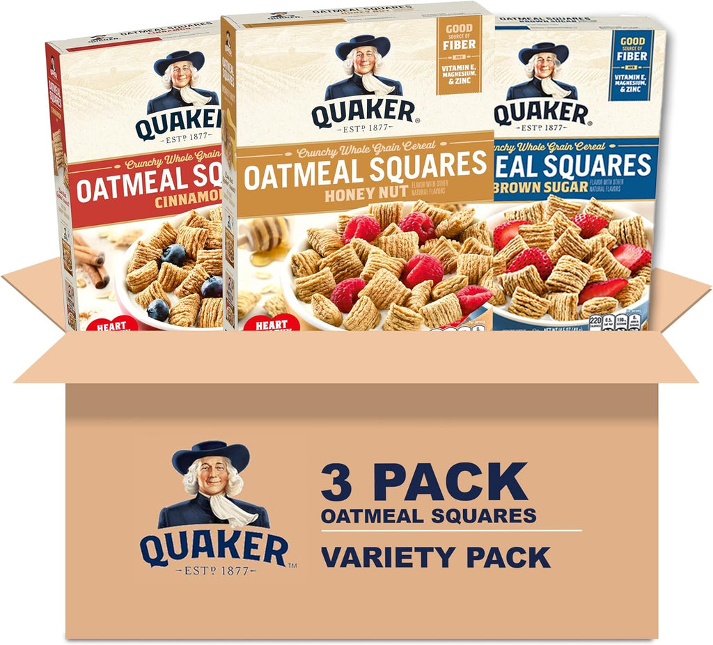 Quaker Oatmeal Squares Crunchy Whole Grain Breakfast Cereal Variety pack, 14.5 Oz Boxes (Pack of 3)