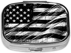 Pill Box-2 Compartment Small Pill Case Square Organizer Case with Mirror Portable Metal Medicine Box Travel Container for Pocket & Purse Women Men（Black USA Flag）