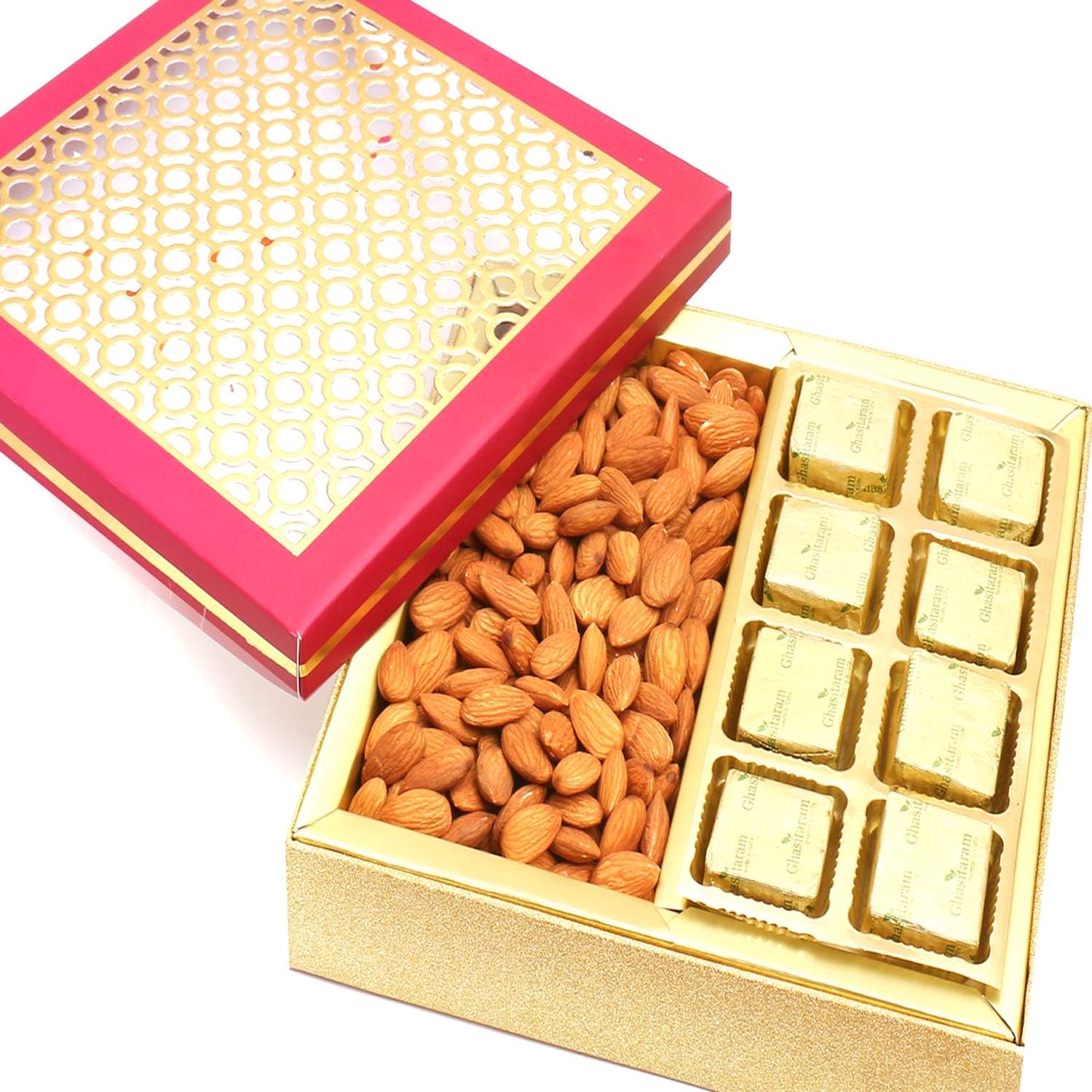 Ghasitaram Gifts Diwali Gifts Diwali Dryfruit - Carving Box with Chocolates and Almonds