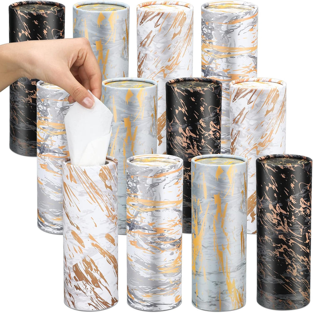 Thenshop 12 Pack Car Tissue Holder 3 Ply Facial Tissue Bulk Marble Modern Tissues Cylinder Travel Round Boxes Fits Car Cup Holders Small Tissues Container for Home Bathroom Everyday Refill