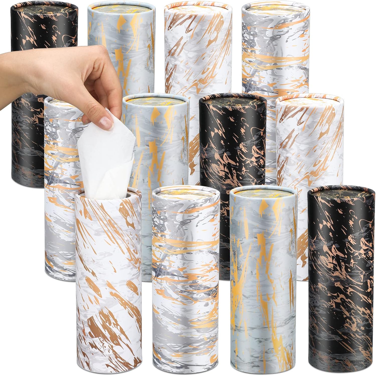 Thenshop 12 Pack Car Tissue Holder 3 Ply Facial Tissue Bulk Marble Modern Tissues Cylinder Travel Round Boxes Fits Car Cup Holders Small Tissues Container for Home Bathroom Everyday Refill