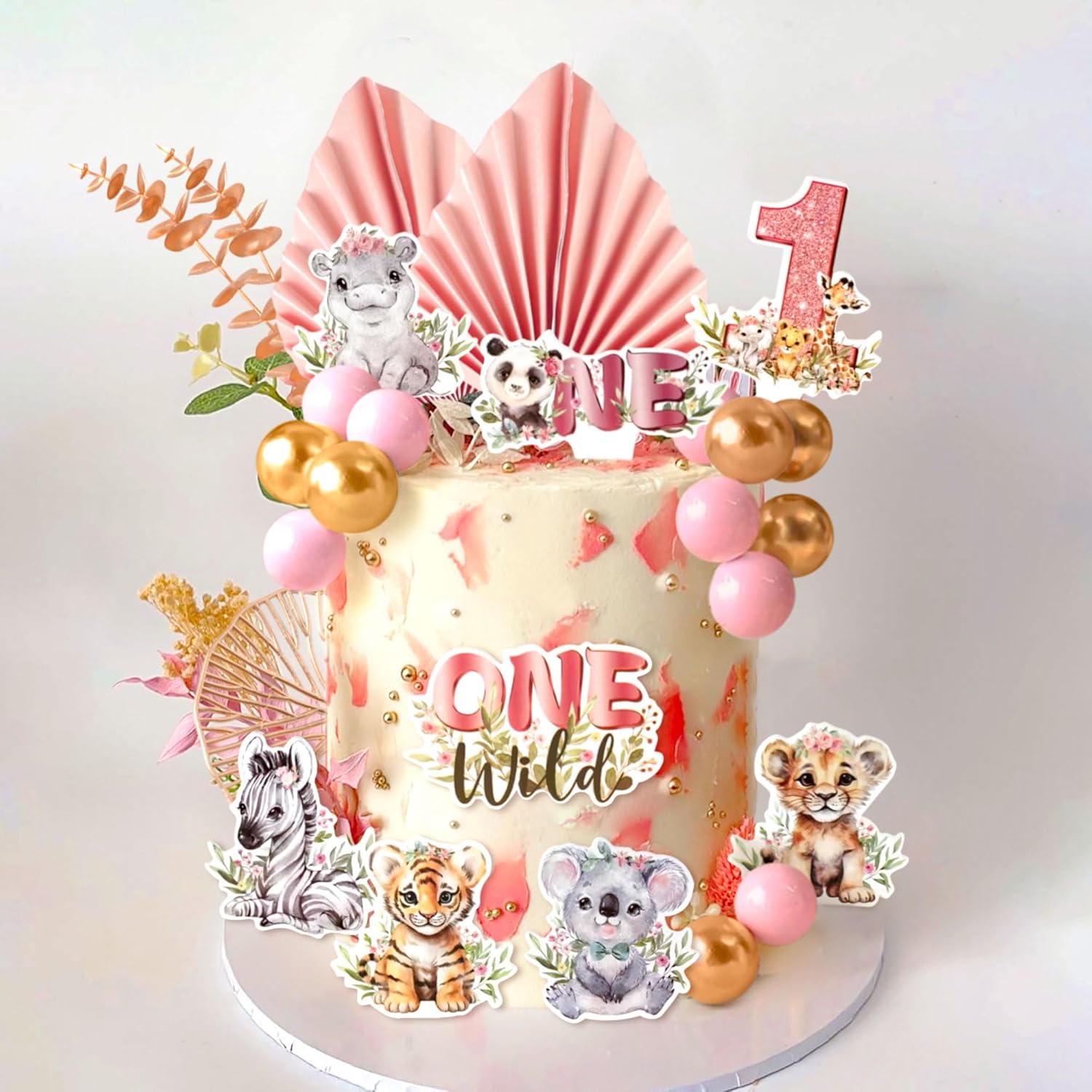 40Pcs Wild One Cake Topper Safari 1st Birthday Decorations Girl Jungle Wild One Cake Decorations Safari Zoo Animal First Birthday Party Cake Toppers Baby Shower