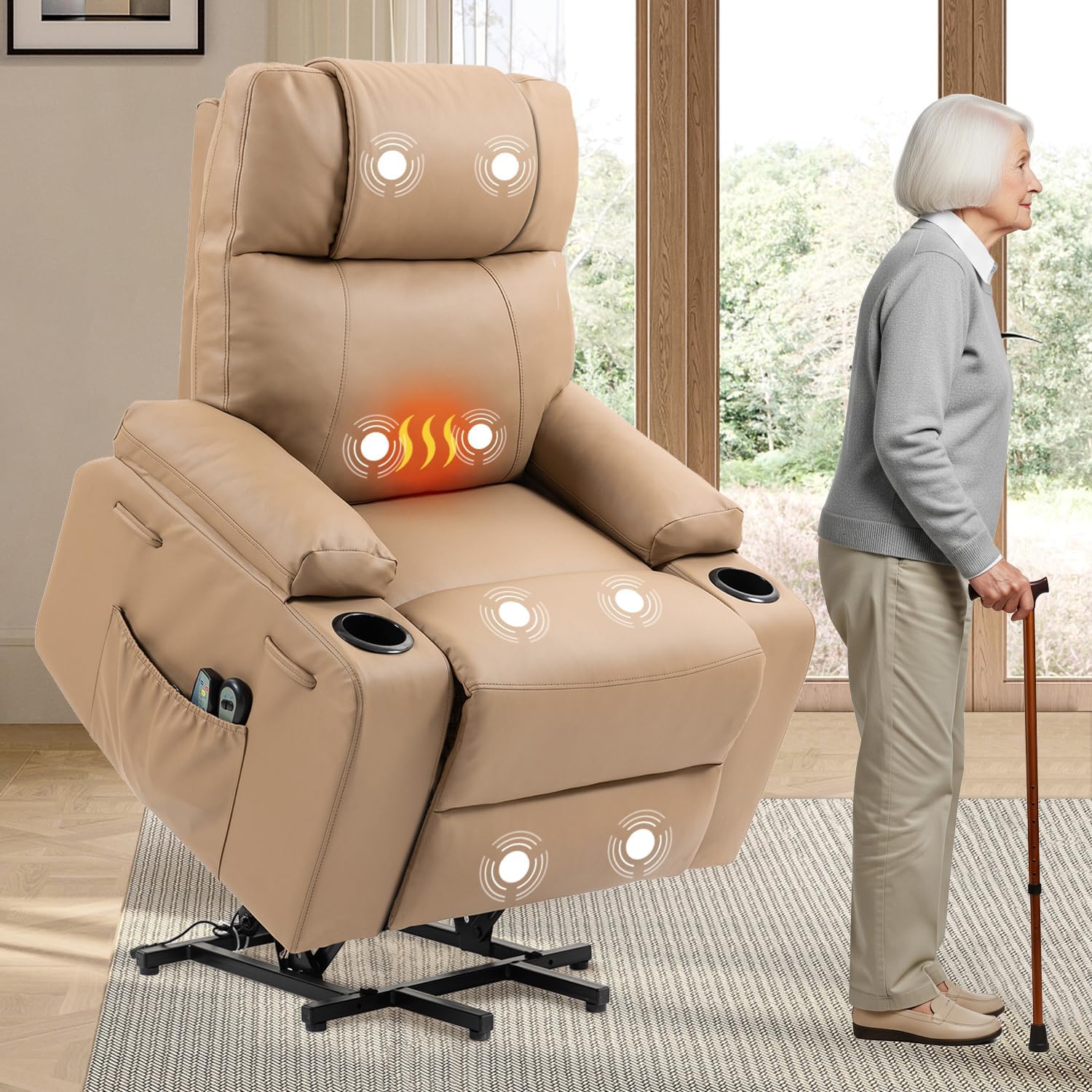 Power Lift Recliner Sofa Chair, Electric Stand Assit for Elderly People, Leather Reclining Chair with Cup Holders, Massage & Heat Functions, Living Room or Bedroom Furniture for Resting, Brown