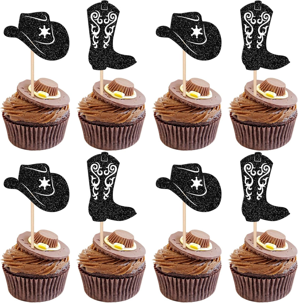 24 PCS Cowboy Cupcake Toppers Glitter Cowboy Hats Boots Cupcake Picks Cowboy Party Cupcake Decorations for Western Theme Baby Shower Boys Birthday Party Cake Decorations Supplies Black
