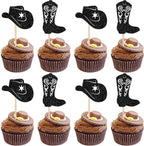 24 PCS Cowboy Cupcake Toppers Glitter Cowboy Hats Boots Cupcake Picks Cowboy Party Cupcake Decorations for Western Theme Baby Shower Boys Birthday Party Cake Decorations Supplies Black