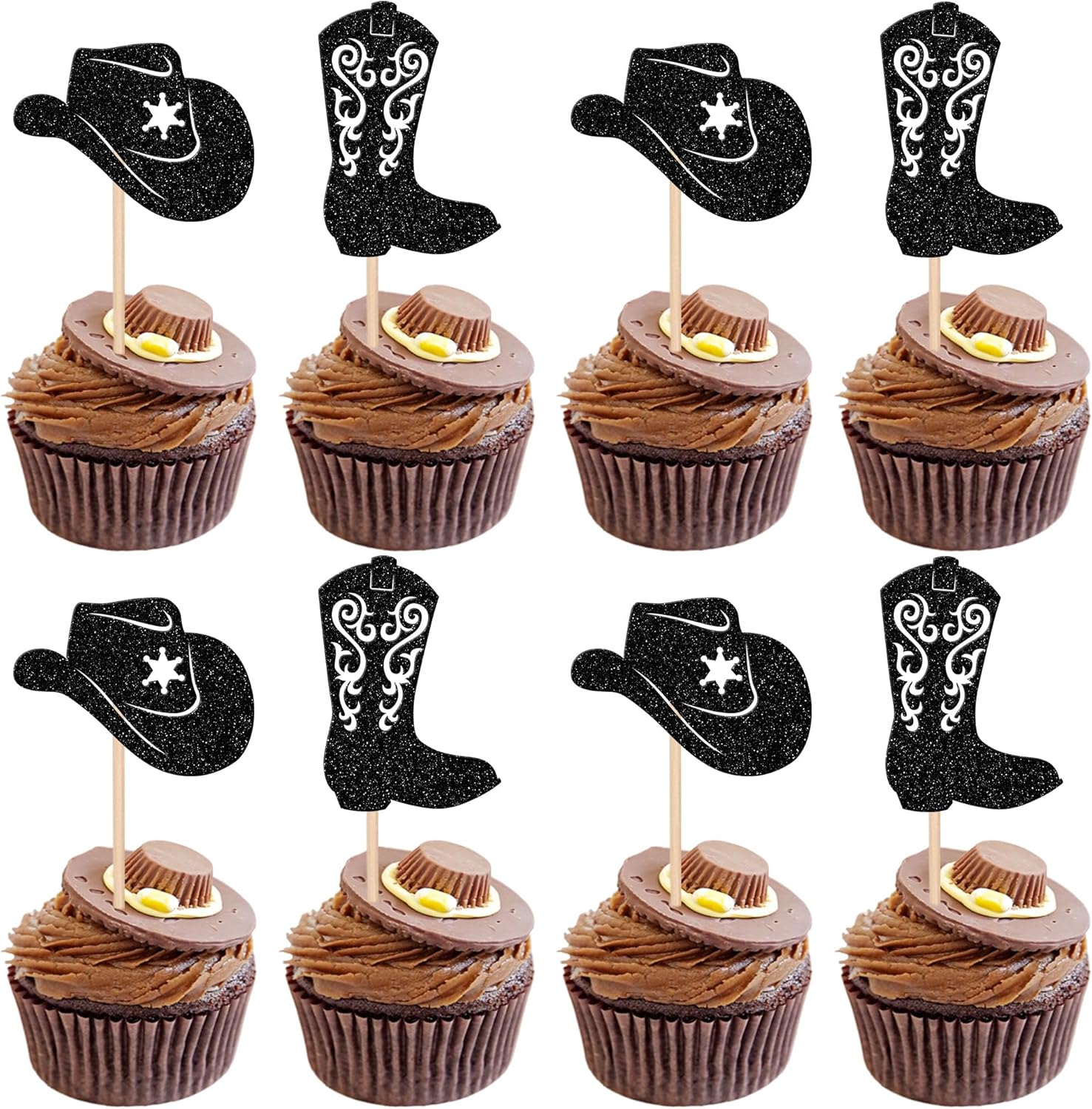 24 PCS Cowboy Cupcake Toppers Glitter Cowboy Hats Boots Cupcake Picks Cowboy Party Cupcake Decorations for Western Theme Baby Shower Boys Birthday Party Cake Decorations Supplies Black