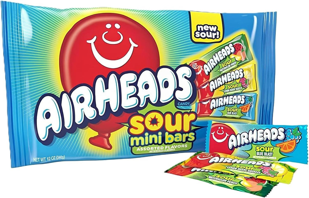 Airheads Sour Mini Candy Bars, Taffy Candy Assorted Bag, Individually Wrapped Candy, Three Assorted Flavors, 12 Oz Bag