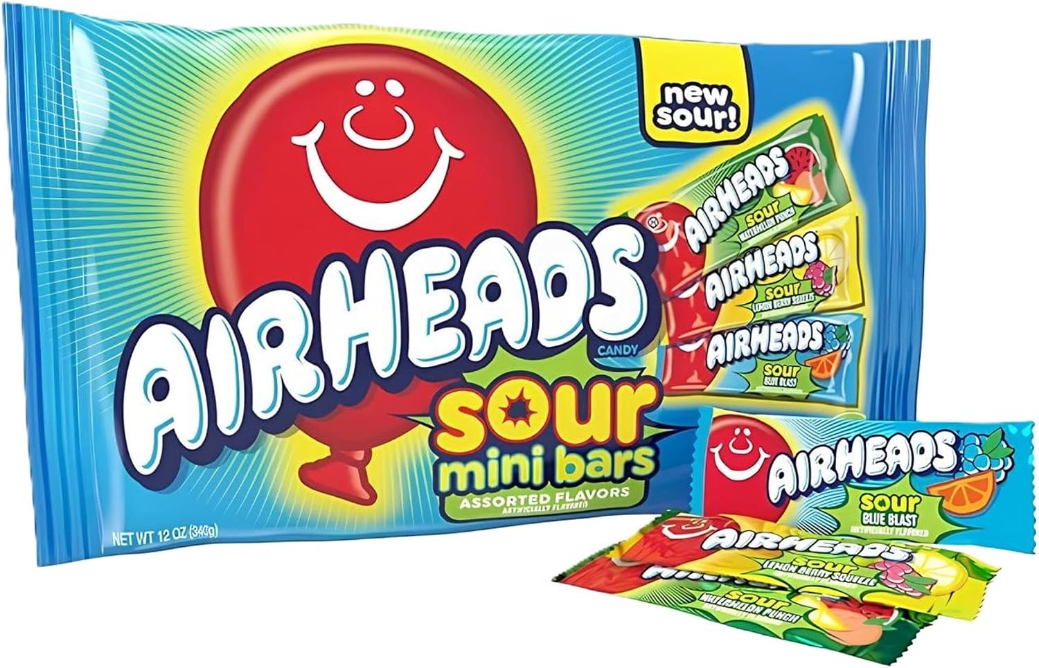 Airheads Sour Mini Candy Bars, Taffy Candy Assorted Bag, Individually Wrapped Candy, Three Assorted Flavors, 12 Oz Bag