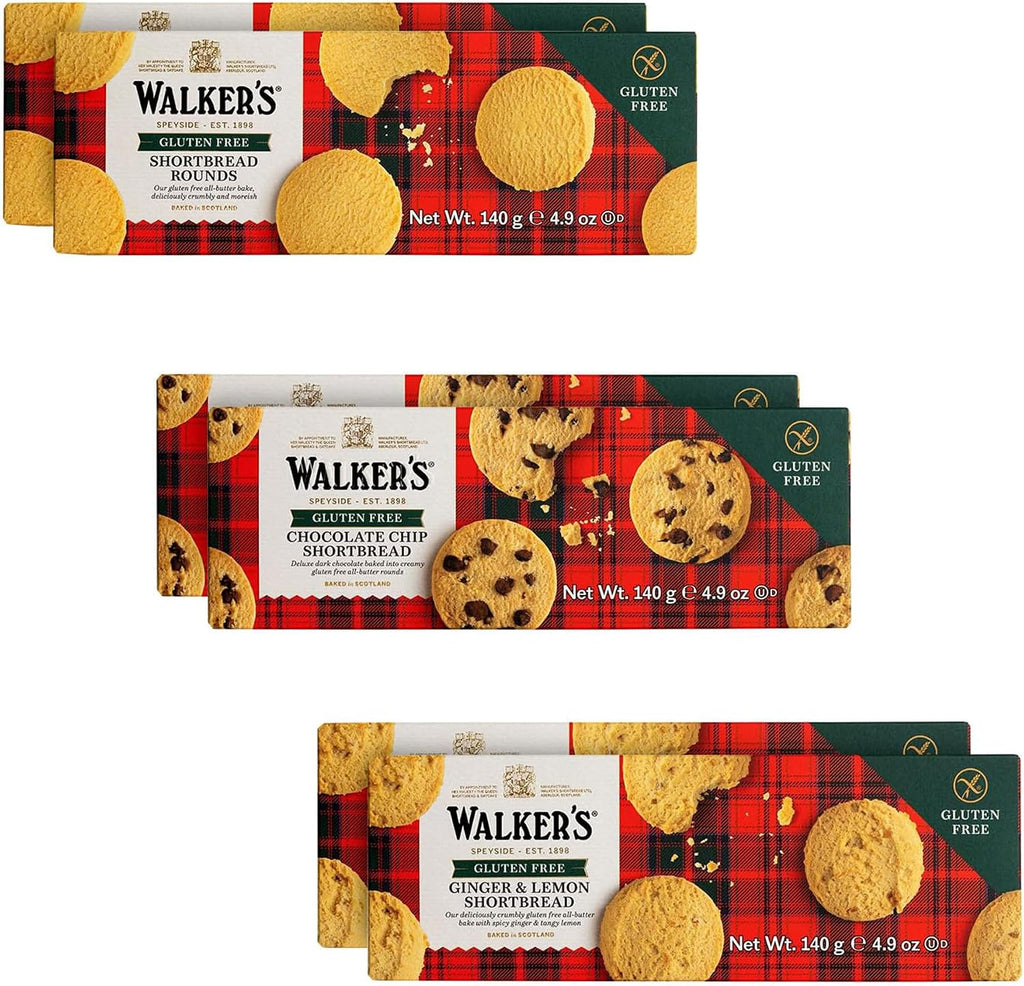 Walker's Shortbread Gluten Free Variety Pack, 2 of Each: Shortbread Rounds, Chocolate Chip, Ginger & Lemon, All-Butter Shortbread Cookie (Pack of 6)