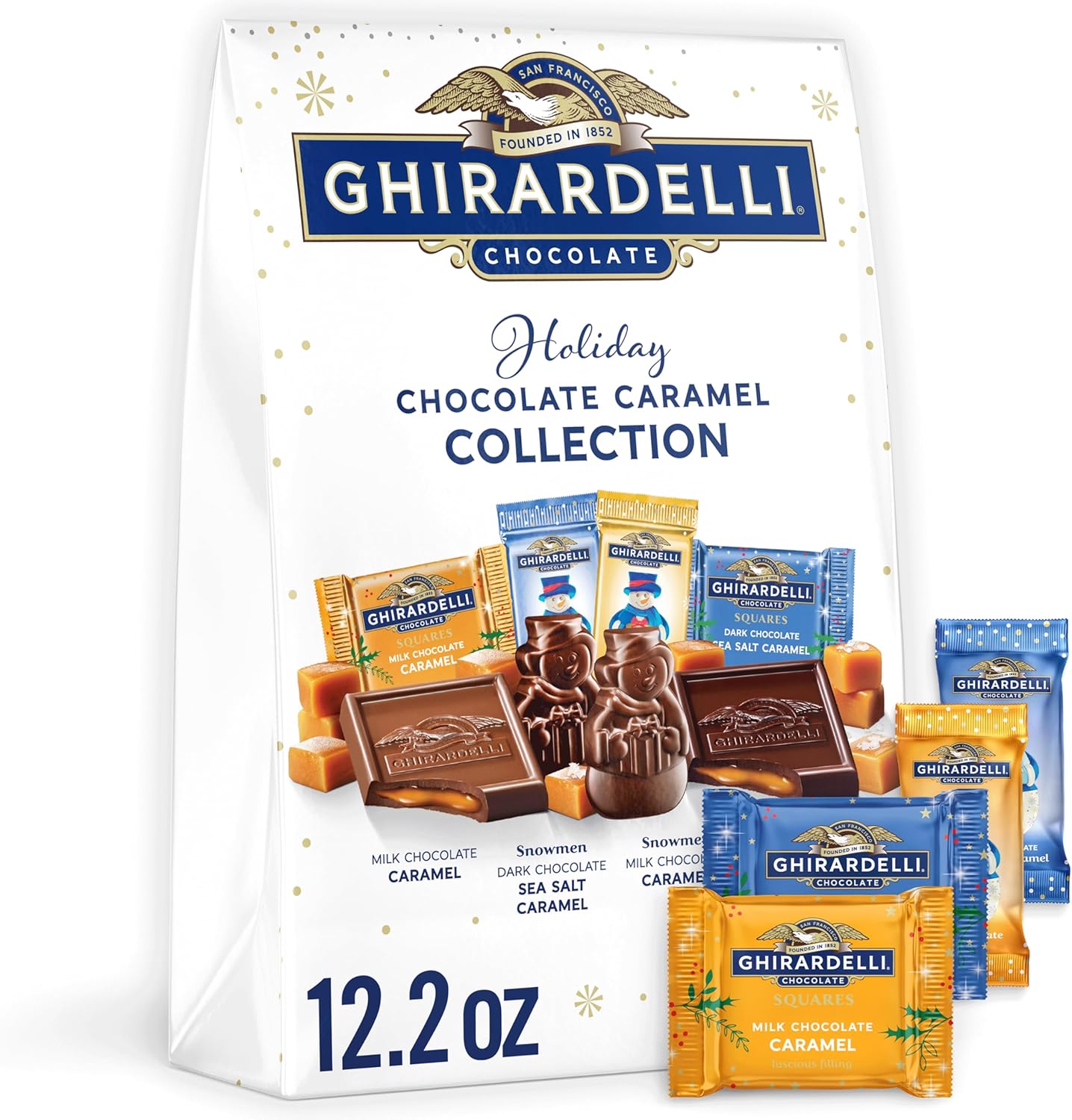 Ghirardelli Holiday Caramel Collection, Milk and Dark Chocolate Squares, Snowmen Assortment, 12.2 oz