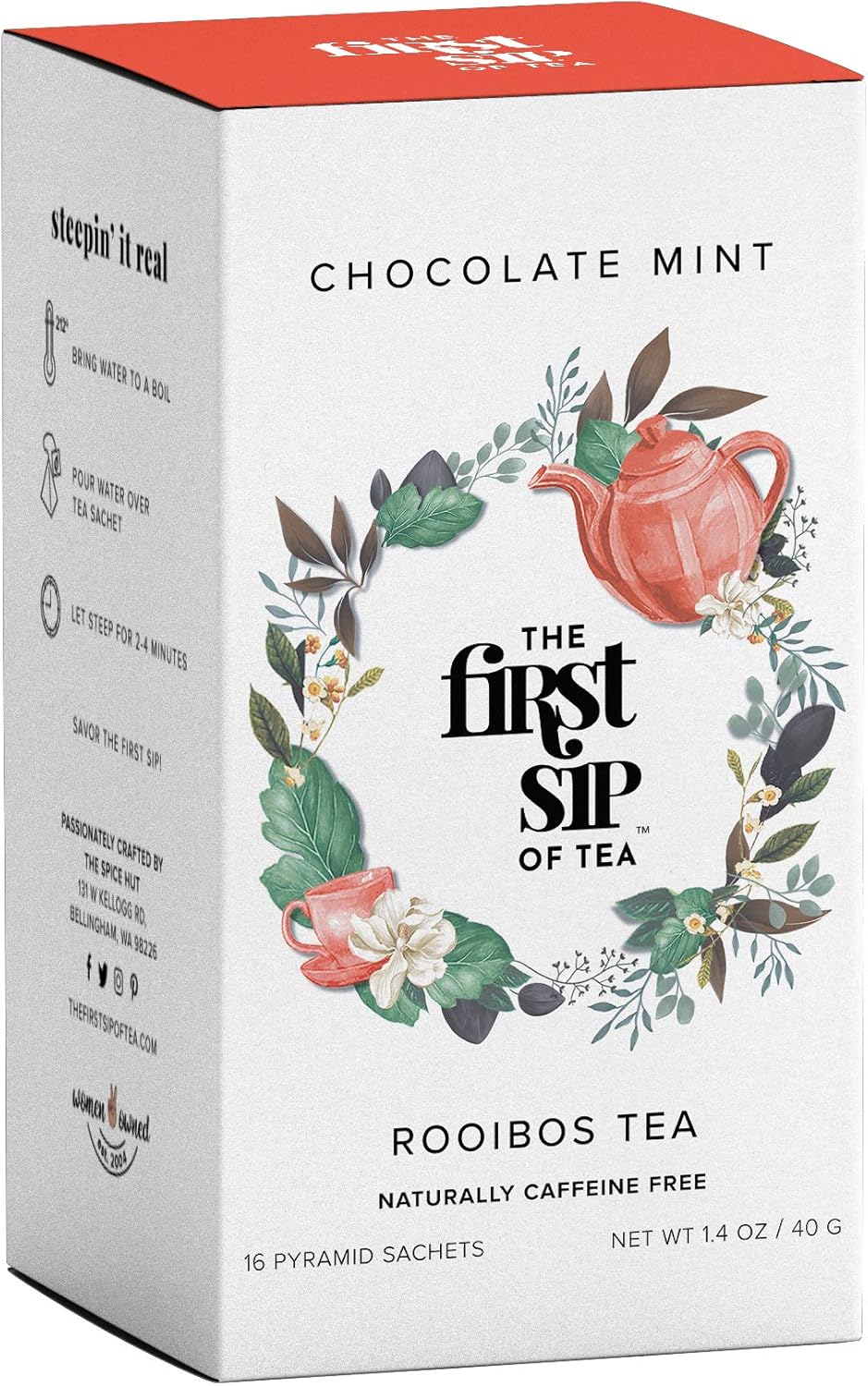 Chocolate Mint Rooibos, Tea Bags, Caffeine Free, Hot & Iced Tea, Antioxidants - 16 Cups | The Spice Hut, First Sip Of Tea