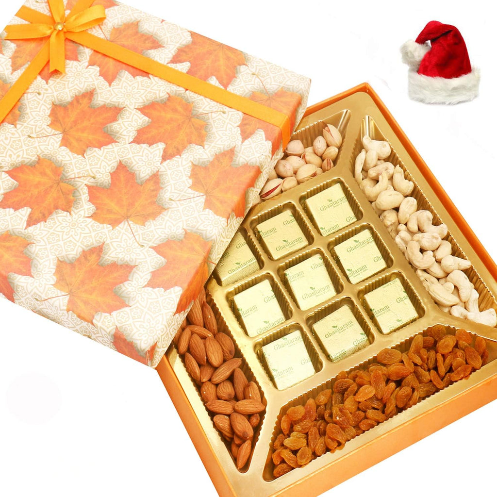 Ghasitaram Gifts Christmas Gifts Chocolates Hampers - Orange Print Dryfruits and 9 pcs Chocolates Box