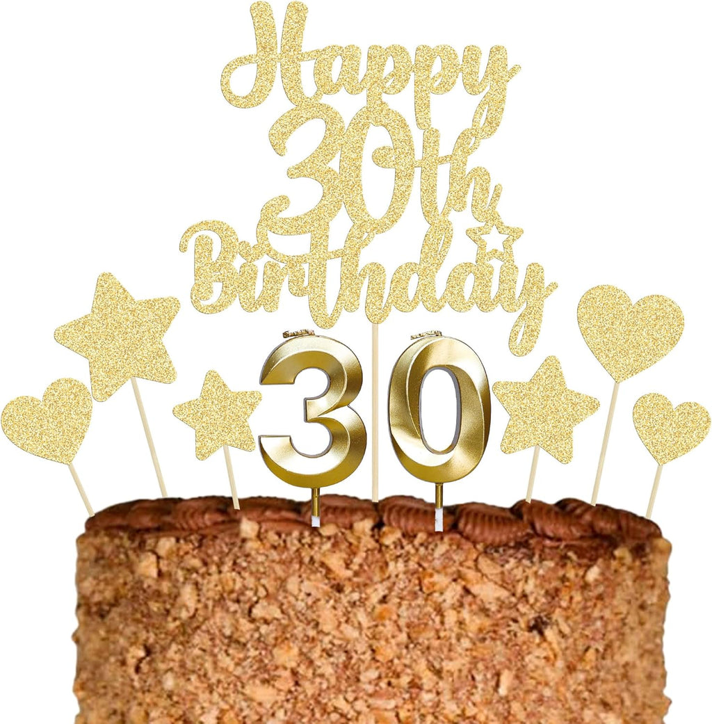 Gyufise 15Pcs Happy 30th Birthday Cake Topper Set with Heart Star Glitter Cheers to 30 Years Cake Picks Number 30 Candles Cake Decorations for Happy 30th Birthday Anniversary Party Supplies Gold