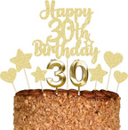 Gyufise 15Pcs Happy 30th Birthday Cake Topper Set with Heart Star Glitter Cheers to 30 Years Cake Picks Number 30 Candles Cake Decorations for Happy 30th Birthday Anniversary Party Supplies Gold
