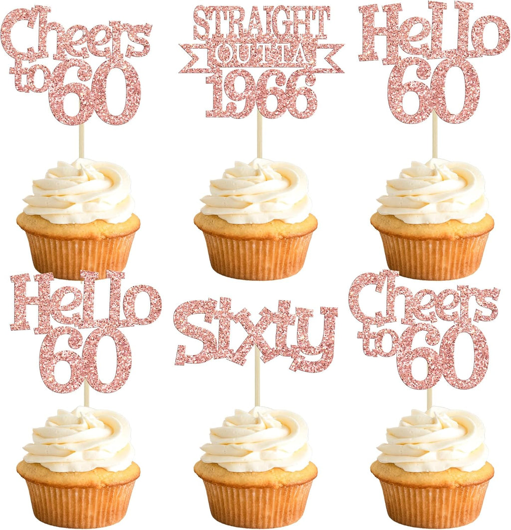 Ephlyn 24Pcs Happy 60th Birthday Cupcake Toppers Glitter Straight Outta 1966 Cupcake Picks Hello 60 Cheers to 60 Years Birthday Cake Decorations for 60th Birthday Anniversary Party Supplies Rose Gold