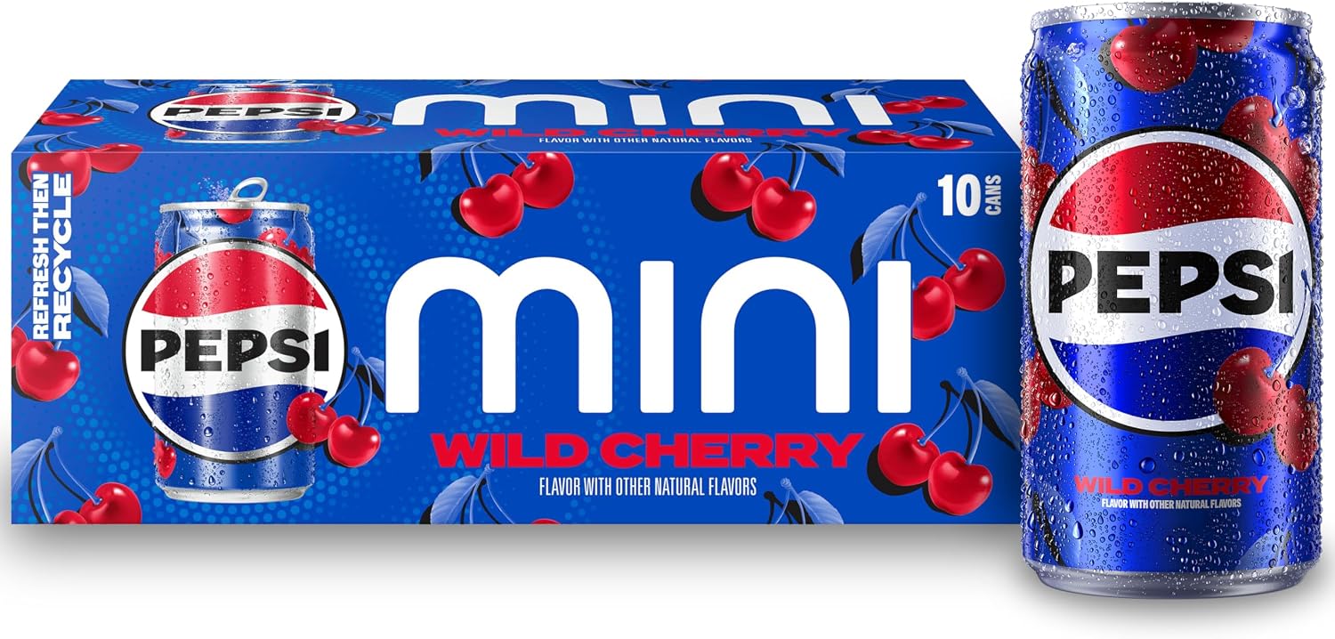 Pepsi Wild Cherry Cola Soda Pop Mini Cans, 7.5 Ounce Mini Cans (10 Pack) (Packaging May Vary)