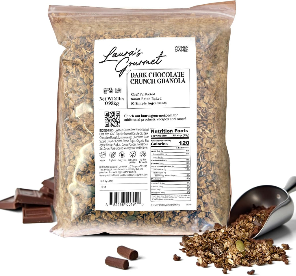 Laura's Gourmet Granola Dark Chocolate Crunch, 2 lb, Gluten-Free Oats, Vegan, Dairy & Soy Free Snack, Organic Agave, Bittersweet Chocolate & Cocoa, Artisan, Breakfast Cereal, Non-GMO, Natural