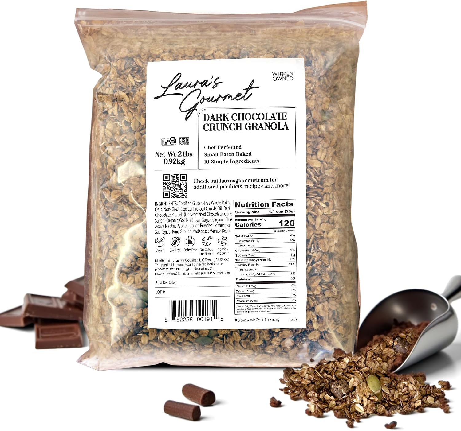 Laura's Gourmet Granola Dark Chocolate Crunch, 2 lb, Gluten-Free Oats, Vegan, Dairy & Soy Free Snack, Organic Agave, Bittersweet Chocolate & Cocoa, Artisan, Breakfast Cereal, Non-GMO, Natural