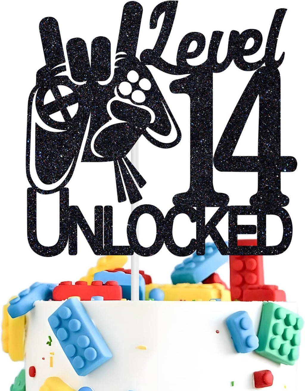 Tivurcia Level 14 Unlocked Cake Topper, Video Game Boys 14th Birthday Cake Decorations, Bruh I'm Fourteen, Level Up Winner Birthday Party Decoration Supplies, Black Glitter