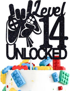Tivurcia Level 14 Unlocked Cake Topper, Video Game Boys 14th Birthday Cake Decorations, Bruh I'm Fourteen, Level Up Winner Birthday Party Decoration Supplies, Black Glitter