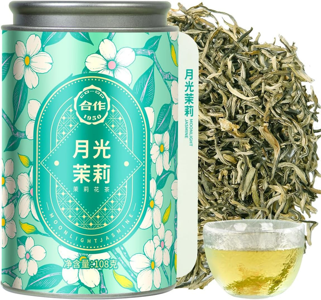 CO-OP 1950 Moonlight Jasmine Green Tea Loose Leaf, 108g, Scented 5x with Fresh Double-Petal Jasmine Blossoms, Premium Whole Leaf Green Tea with Silver Tips, Smooth & Floral, Antioxidant-Rich, No Additives, Tin