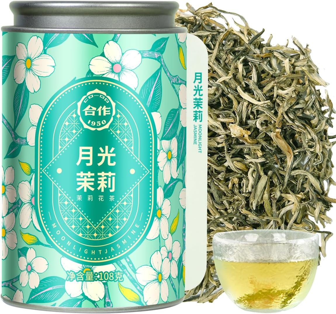 CO-OP 1950 Moonlight Jasmine Green Tea Loose Leaf, 108g, Scented 5x with Fresh Double-Petal Jasmine Blossoms, Premium Whole Leaf Green Tea with Silver Tips, Smooth & Floral, Antioxidant-Rich, No Additives, Tin