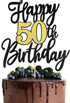 1 PCS Happy 50th Birthday Cake Topper Black Gold Glitter Cheers to 50 Years Birthday Cake Pick 50 Fabulous Cake Decoration for Happy 50th Birthday Anniversary Party Cake Decorations Supplies
